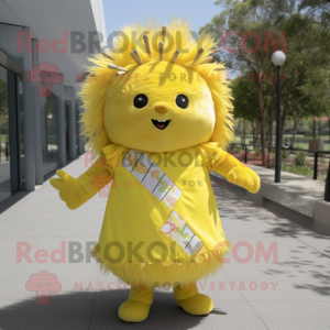 Lemon Yellow Porcupine mascot costume character dressed with a Empire Waist Dress and Headbands