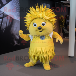 Lemon Yellow Porcupine mascot costume character dressed with a Empire Waist Dress and Headbands