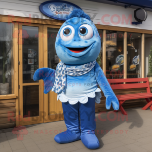 Blue Fish And Chips mascot costume character dressed with a Swimwear and Scarf clips