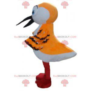 Mascote laranja branco e pássaro preto com um bico longo -