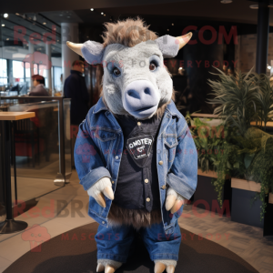 nan Woolly Rhinoceros mascot costume character dressed with a Denim Shirt and Scarves