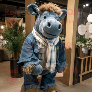 nan Woolly Rhinoceros mascot costume character dressed with a Denim Shirt and Scarves