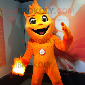 Orange Fire Eater mascot costume character dressed with a Bodysuit and Mittens