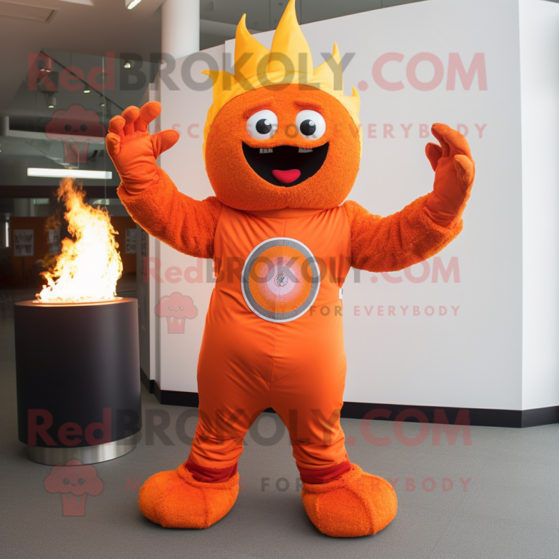 Orange Fire Eater mascot costume character dressed with a Bodysuit and Mittens