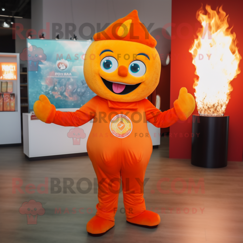 Orange Fire Eater mascot costume character dressed with a Bodysuit and Mittens