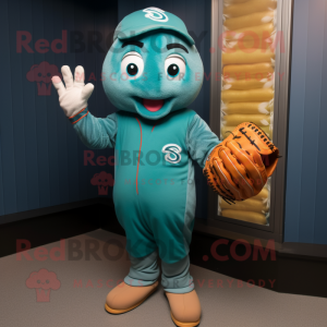 Teal Baseball Glove mascot costume character dressed with a Leggings and Mittens