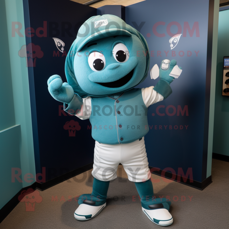 Teal Baseball Glove mascot costume character dressed with a Leggings and Mittens Teal Baseball Glove mascot costume character dressed with a Leggings and Mittens