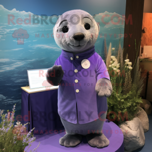 Lavender Seal mascot costume character dressed with a Romper and Cufflinks