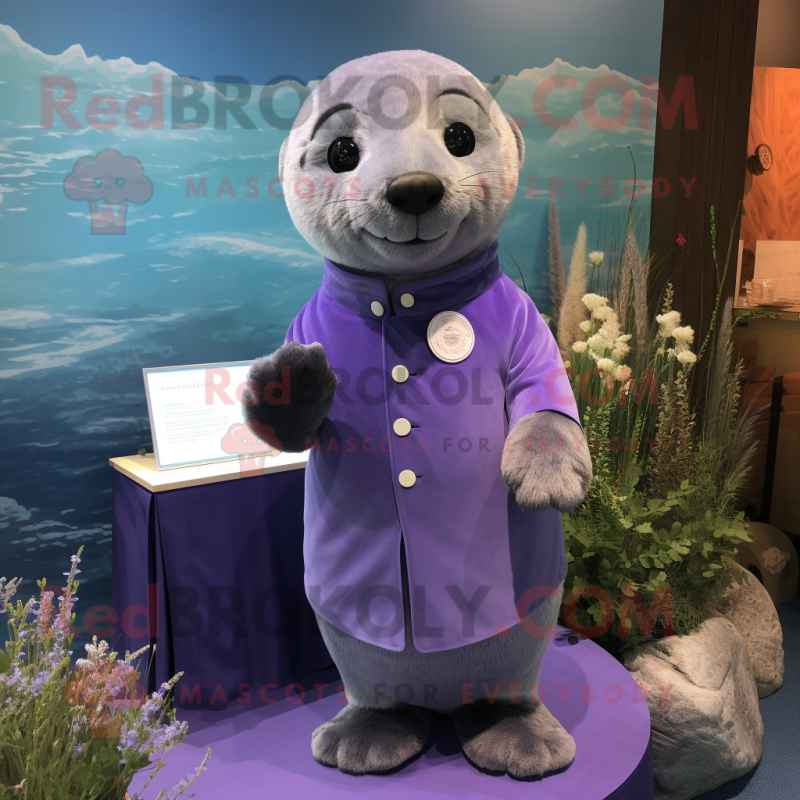 Lavender Seal mascot costume character dressed with a Romper and Cufflinks