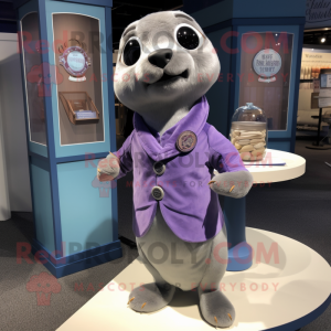 Lavender Seal mascot costume character dressed with a Romper and Cufflinks