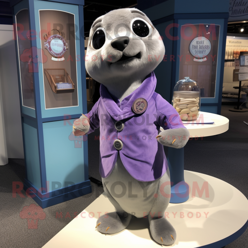 Lavender Seal mascot costume character dressed with a Romper and Cufflinks Lavender Seal mascot costume character dressed with a Romper and Cufflinks
