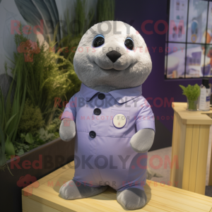 Lavender Seal mascot costume character dressed with a Romper and Cufflinks