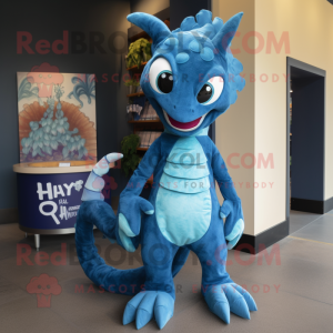 Blue Hydra mascot costume character dressed with a Romper and Wraps