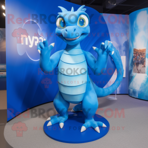 Blue Hydra mascot costume character dressed with a Romper and Wraps