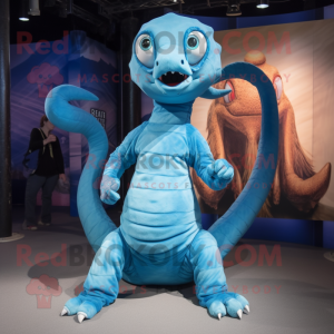 Blue Hydra mascot costume character dressed with a Romper and Wraps