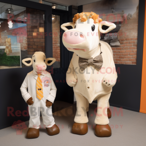 Cream Hereford Cow mascot costume character dressed with a Henley Tee and Bow ties
