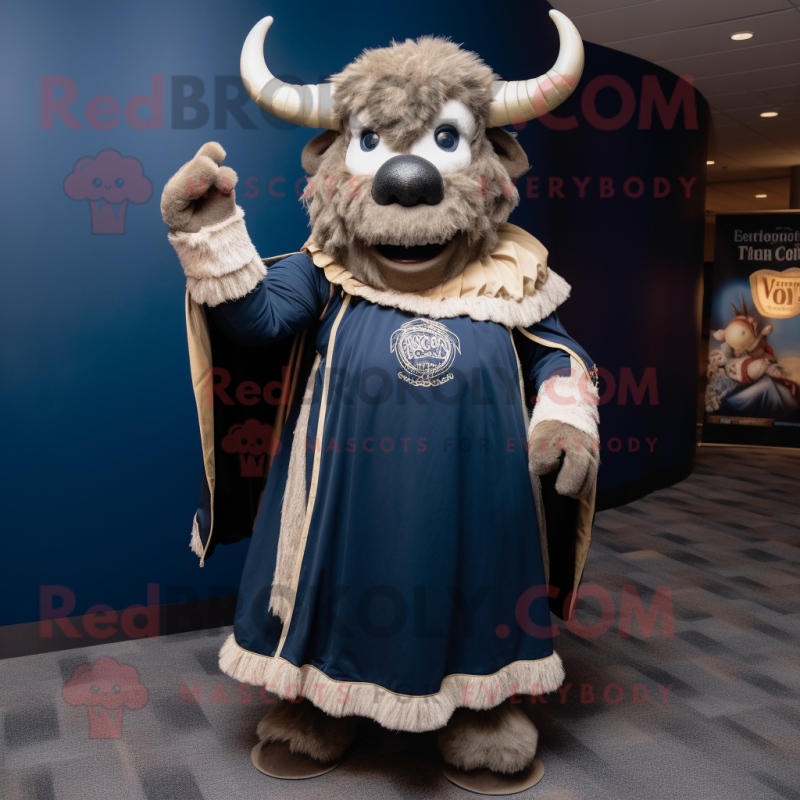 Navy Bison mascot costume character dressed with a Ball Gown and Scarves