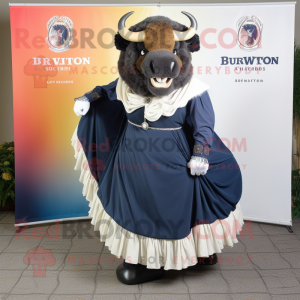 Navy Bison mascot costume character dressed with a Ball Gown and Scarves