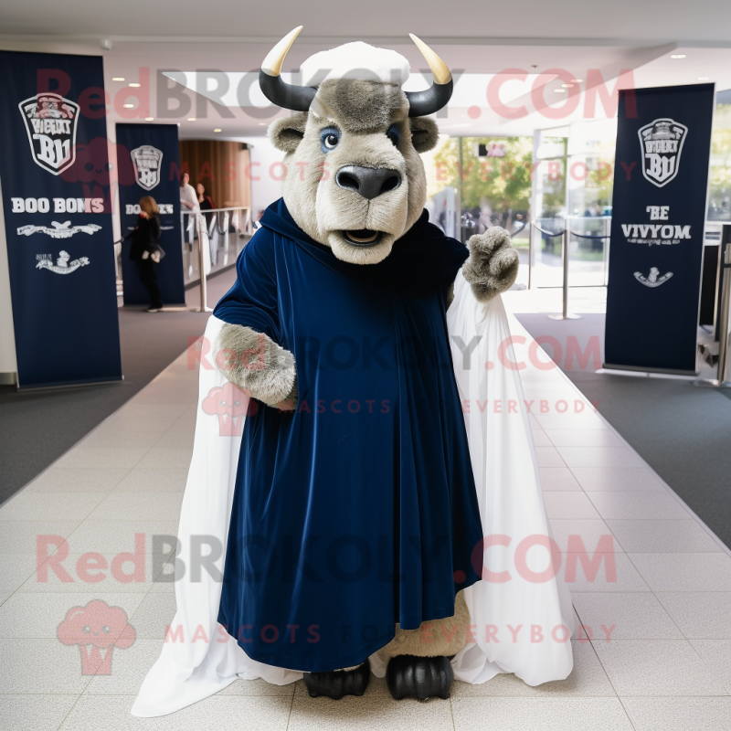 Navy Bison mascot costume character dressed with a Ball Gown and Scarves