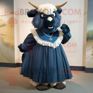 Navy Bison mascot costume character dressed with a Ball Gown and Scarves