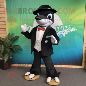 Olive Killer Whale mascot costume character dressed with a Blazer and Ties