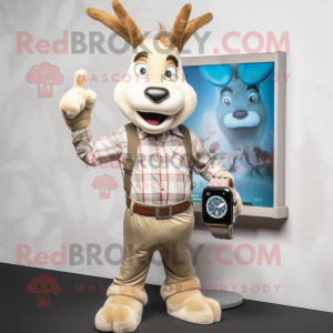 Beige Gazelle mascot costume character dressed with a Flannel Shirt and Smartwatches