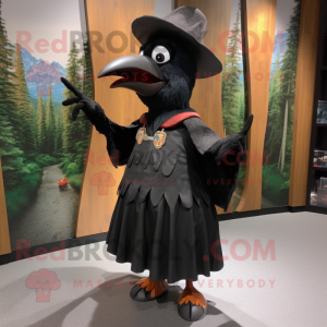 Black Woodpecker mascot costume character dressed with a Wrap Skirt and Hat pins