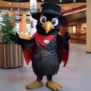 Black Woodpecker mascot costume character dressed with a Wrap Skirt and Hat pins