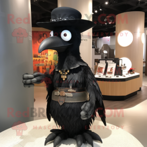 Black Woodpecker mascot costume character dressed with a Wrap Skirt and Hat pins