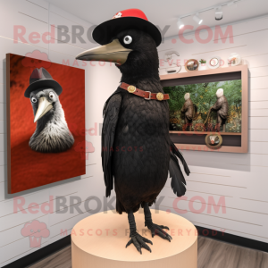 Black Woodpecker mascot costume character dressed with a Wrap Skirt and Hat pins