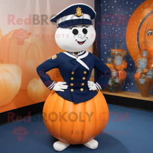 Navy Pumpkin mascot costume character dressed with a Pencil Skirt and Shoe laces