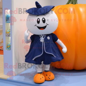Navy Pumpkin mascot costume character dressed with a Pencil Skirt and Shoe laces