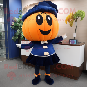 Navy Pumpkin mascot costume character dressed with a Pencil Skirt and Shoe laces