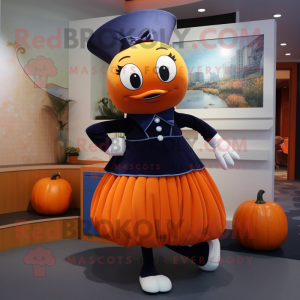 Navy Pumpkin mascot costume character dressed with a Pencil Skirt and Shoe laces