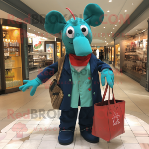 Teal Lobster Bisque mascot costume character dressed with a Waistcoat and Tote bags