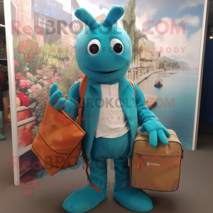 Teal Lobster Bisque mascot costume character dressed with a Waistcoat and Tote bags