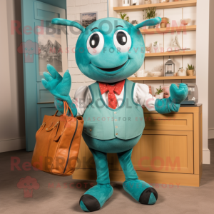 Teal Lobster Bisque mascot costume character dressed with a Waistcoat and Tote bags