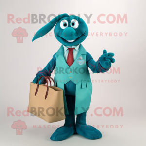 Teal Lobster Bisque mascot costume character dressed with a Waistcoat and Tote bags