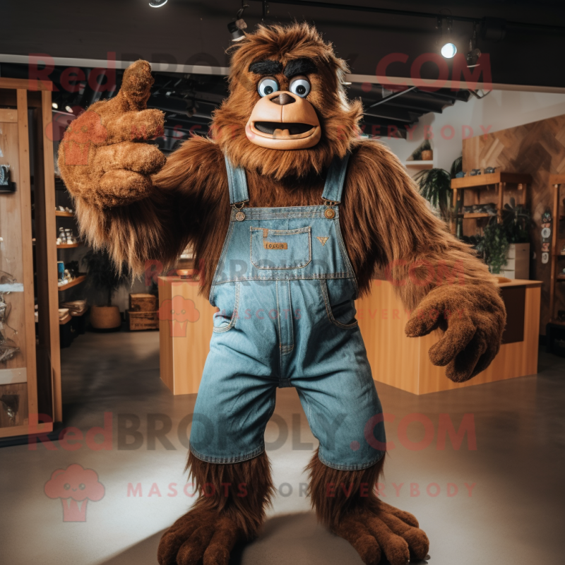 Brown Sasquatch mascot costume character dressed with a Denim Shirt and Gloves
