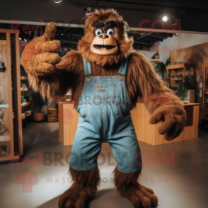 Brown Sasquatch mascot costume character dressed with a Denim Shirt and Gloves