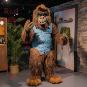 Brown Sasquatch mascot costume character dressed with a Denim Shirt and Gloves
