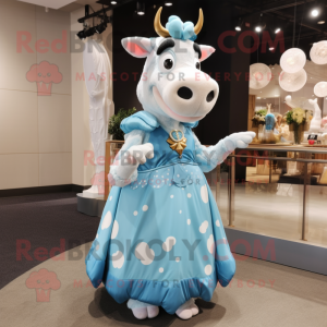 Sky Blue Cow mascot costume character dressed with a Ball Gown and Suspenders