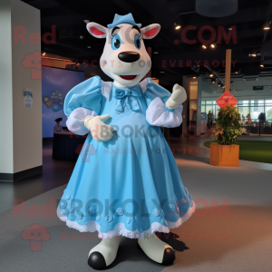 Sky Blue Cow mascot costume character dressed with a Ball Gown and Suspenders