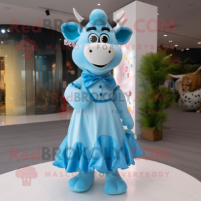 Sky Blue Cow mascot costume character dressed with a Ball Gown and Suspenders