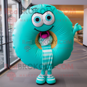Turquoise Donut mascot costume character dressed with a Mini Skirt and Bracelets
