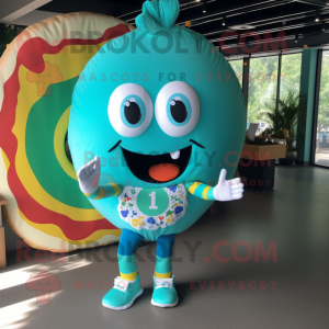 Turquoise Donut mascot costume character dressed with a Mini Skirt and Bracelets