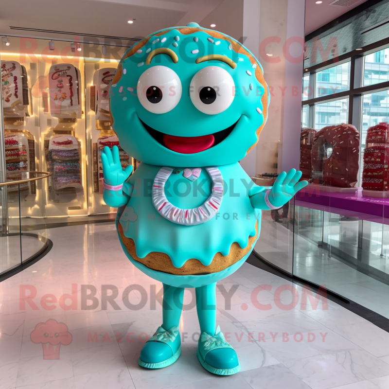 Turquoise Donut mascot costume character dressed with a Mini Skirt and Bracelets