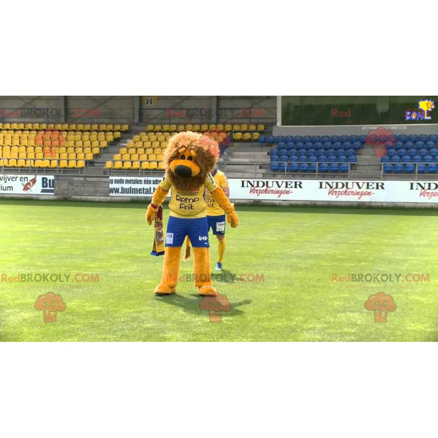 Mascote leão laranja e marrom em roupas esportivas -