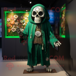 Forest Green Skull mascot costume character dressed with a Henley Tee and Shawl pins