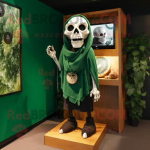 Forest Green Skull mascot costume character dressed with a Henley Tee and Shawl pins